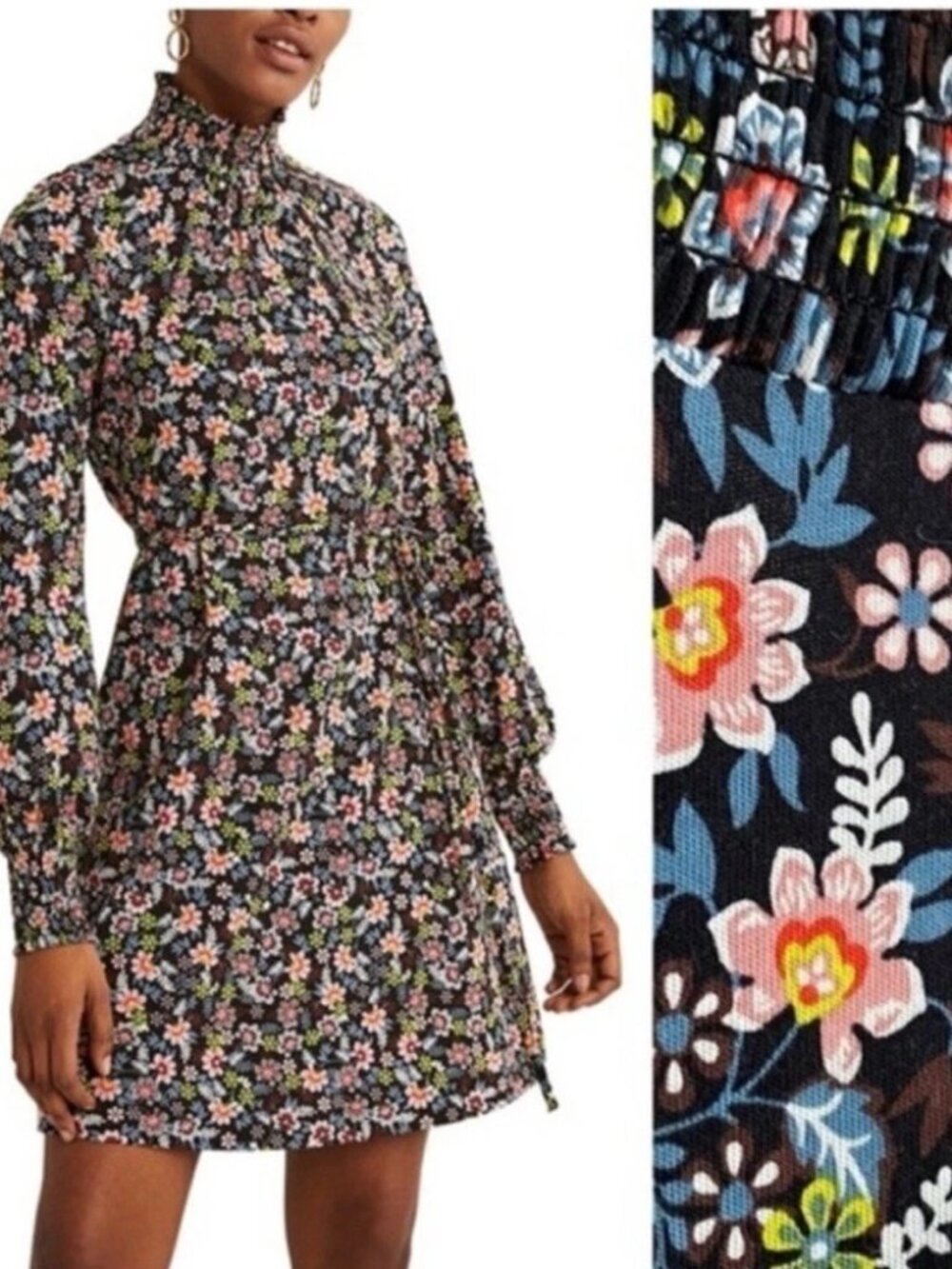 Boden Floral Print Smocked Jersey Shift Dress SZ 10R Black Opulent Leaf NWOT
